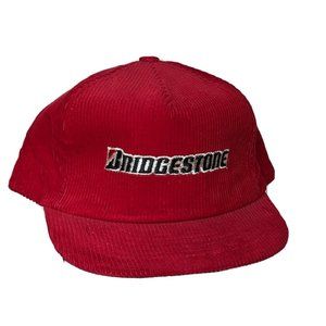 Vintage Swingster Bridgestone‎ Embroidered Corduroy Snapback Trucker Hat Red USA